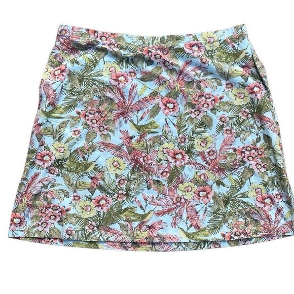 J. Jill Mini Skirt Light Blue Floral Tropical Beach Stretch Pockets Size Large - Picture 2 of 6